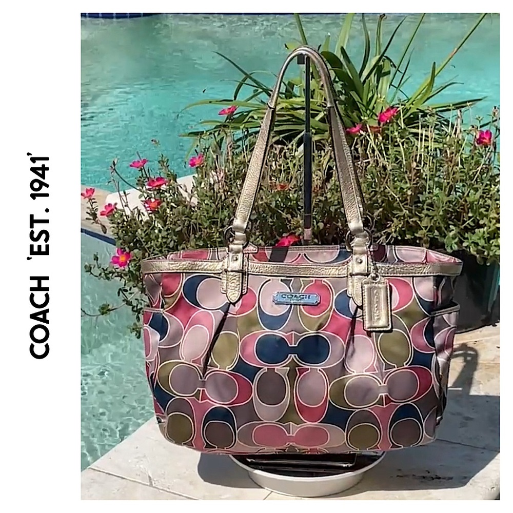 Coach Sig. C  Handbag/Tote in Sateen Scarf Fabric w/Metallic Leather Gold Trim